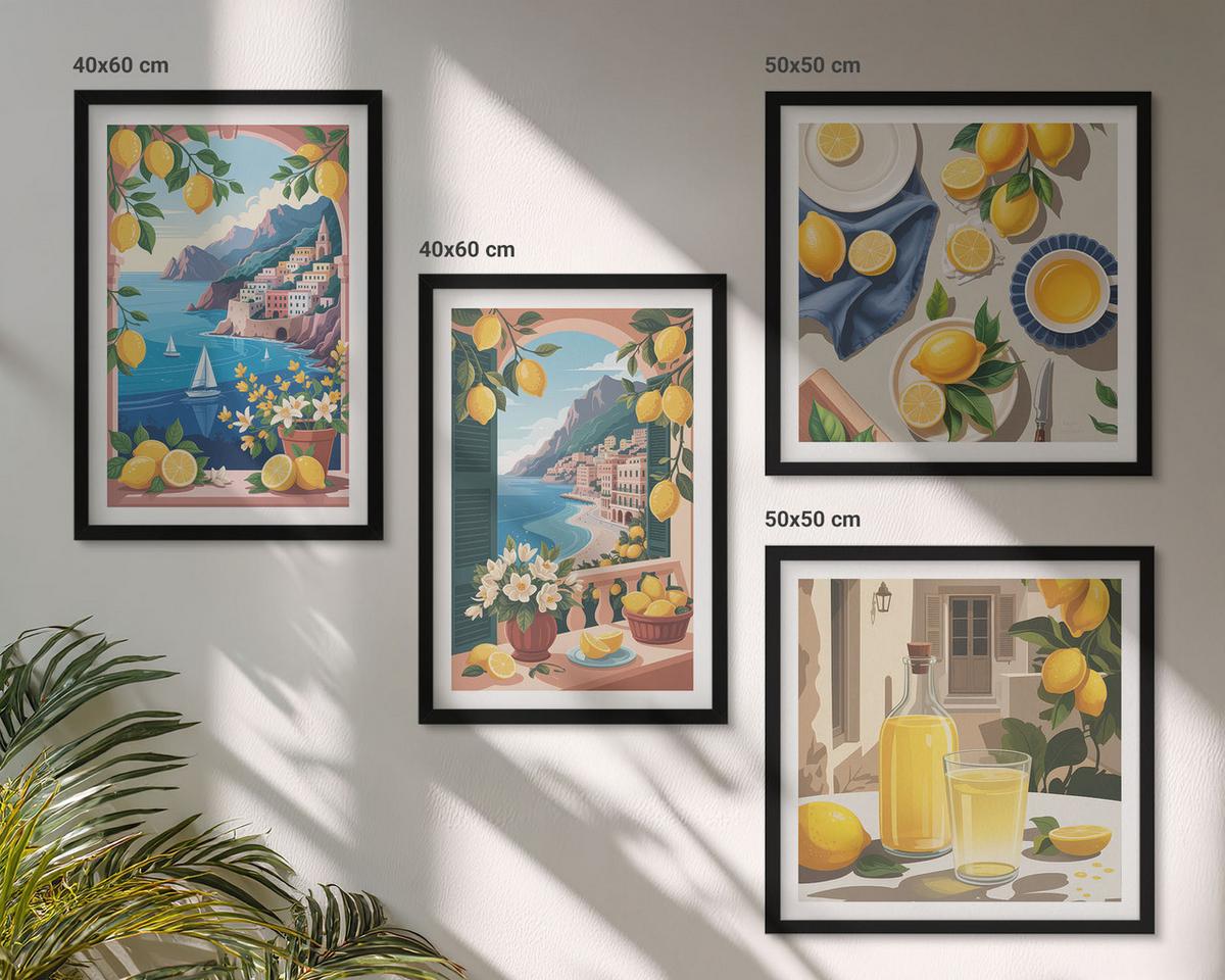 BILDER SET 4er Set - 50x50 cm & 40x60 cm Schwarzer Rahmen - Meerblick, italienische Zitronen - Schwarz, Kunststoff (50/50cm) - TULUP