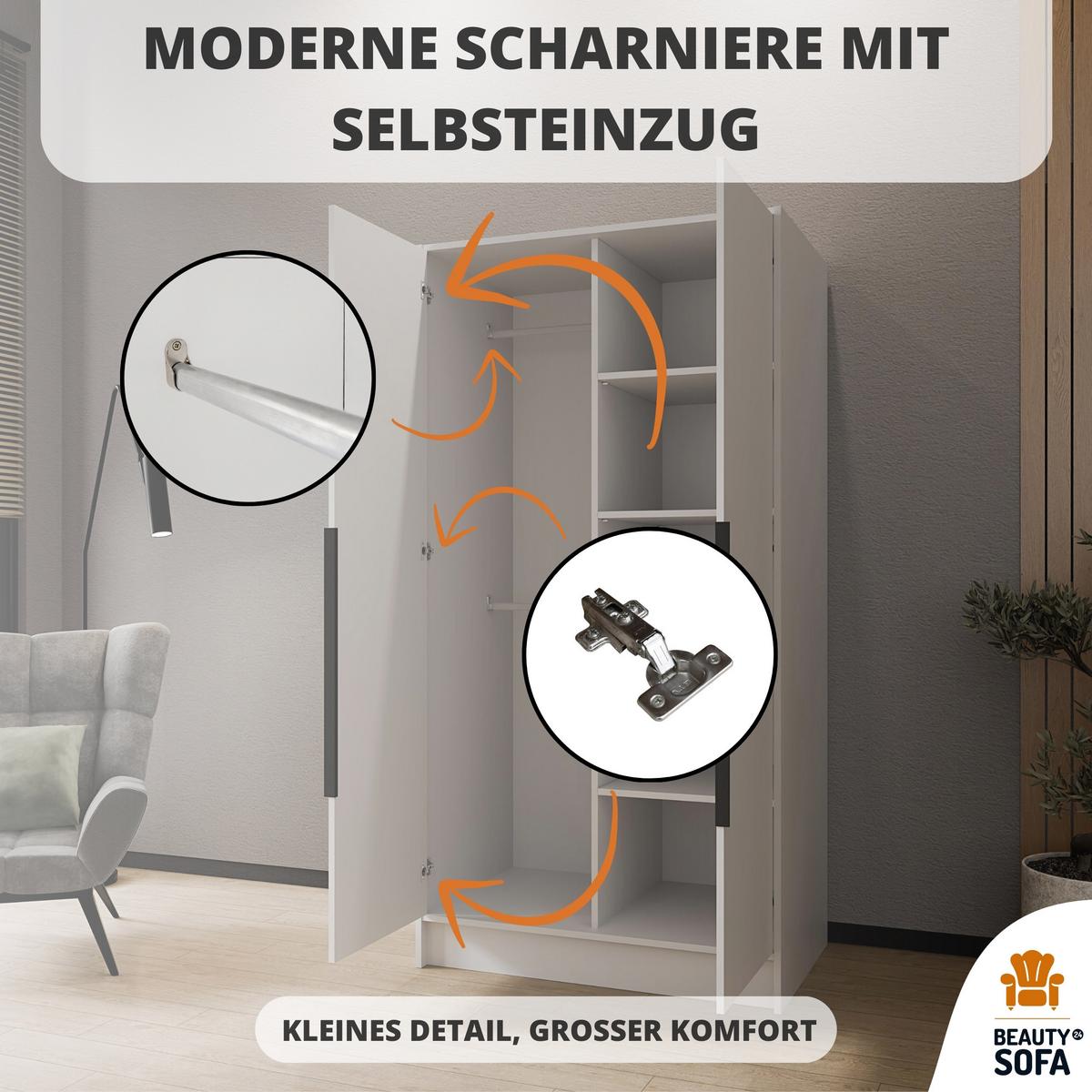 DREHTÜRENSCHRANK Laro mit Spiegel, Weiß mit mit goldenen Griffen, 100 cm - Weiß, Holzwerkstoff (100/200/51cm) - Beautysofa
