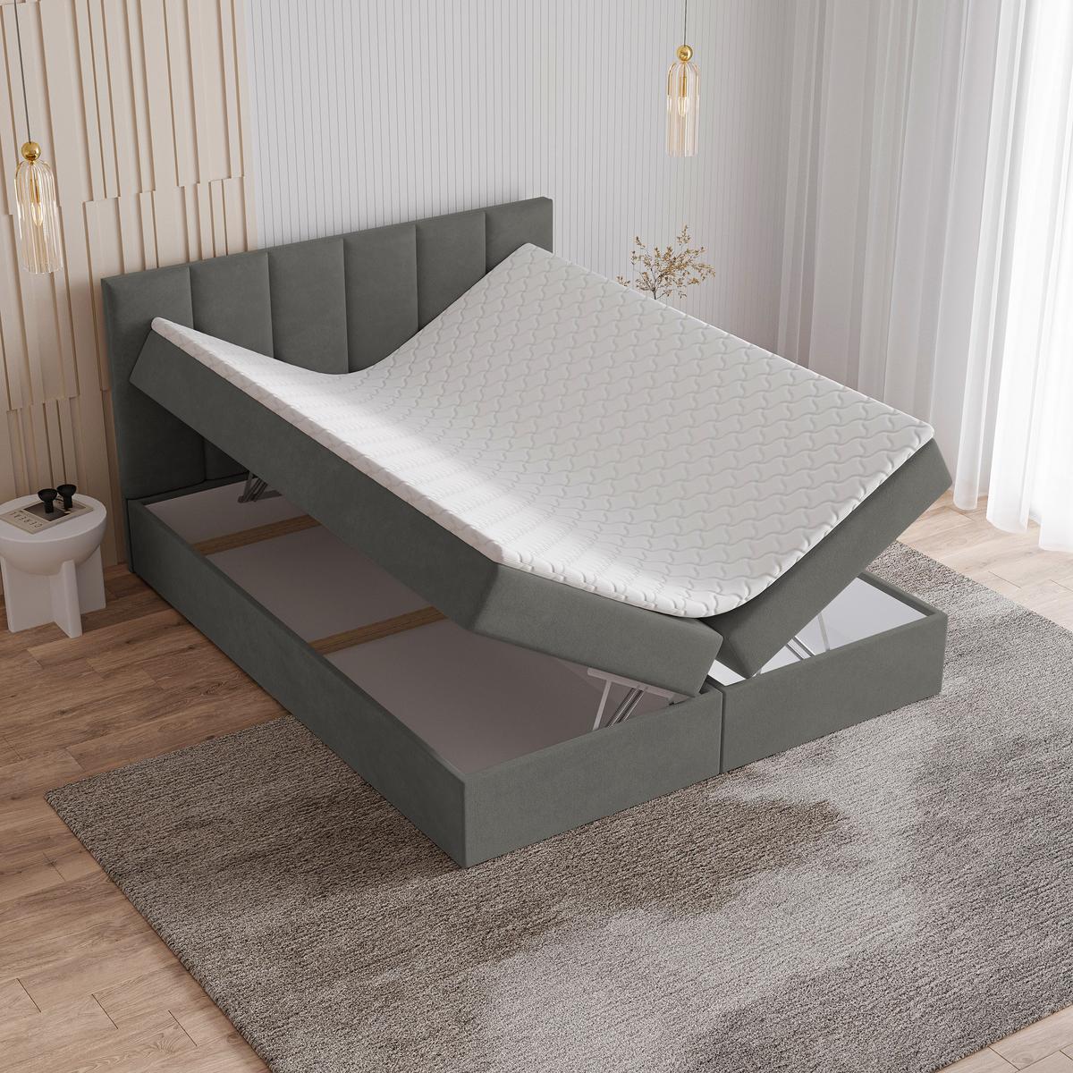 BOXBETT MERIL 180x200 cm mit Matratze und Topper - Grau - Grau, Holz (180/200cm) - MASSENO