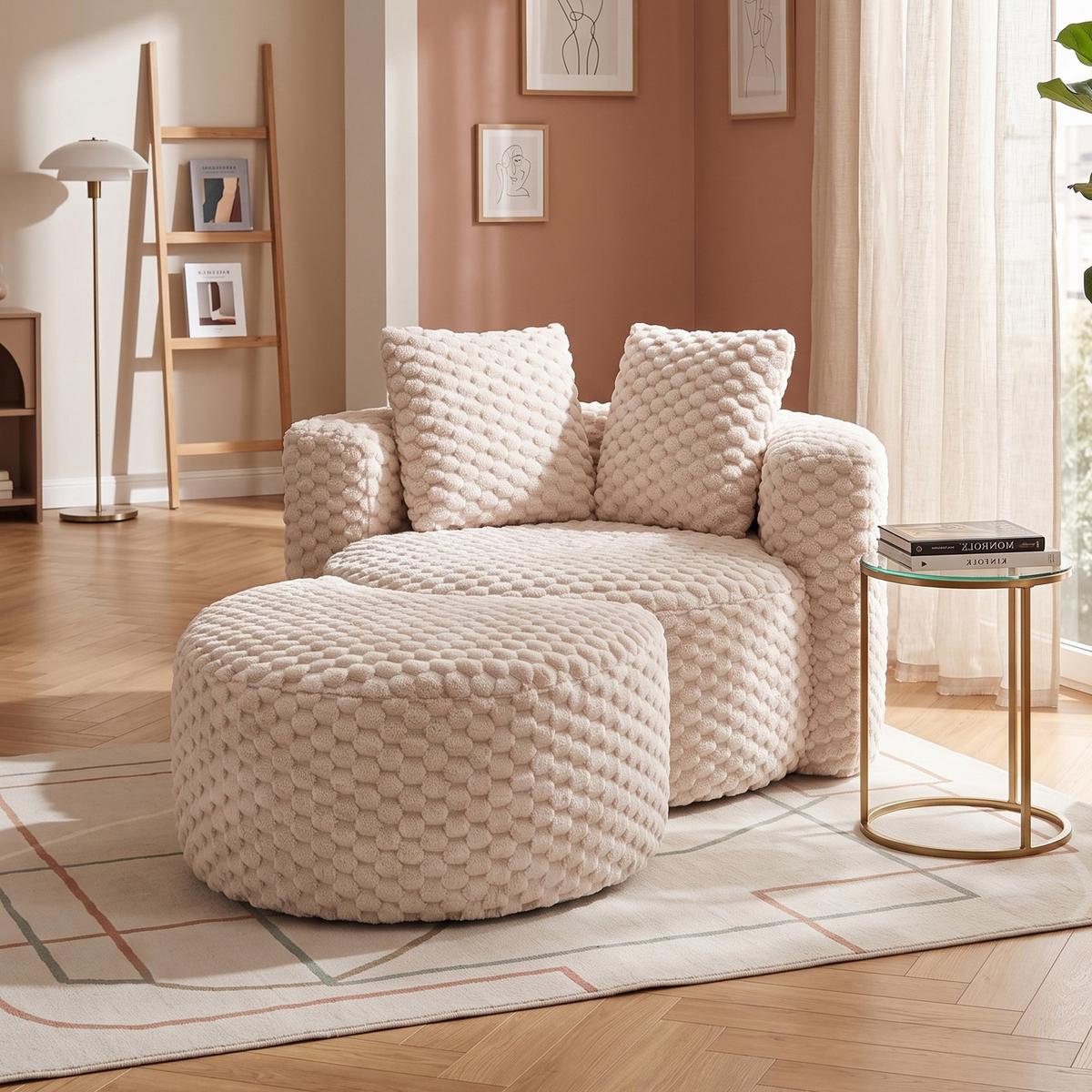 LOUNGESESSEL Mit Hocker Übergroß Rund Komprimiert Ohne Montage - Beige, Textil (129/65/116cm) - Urban Meuble