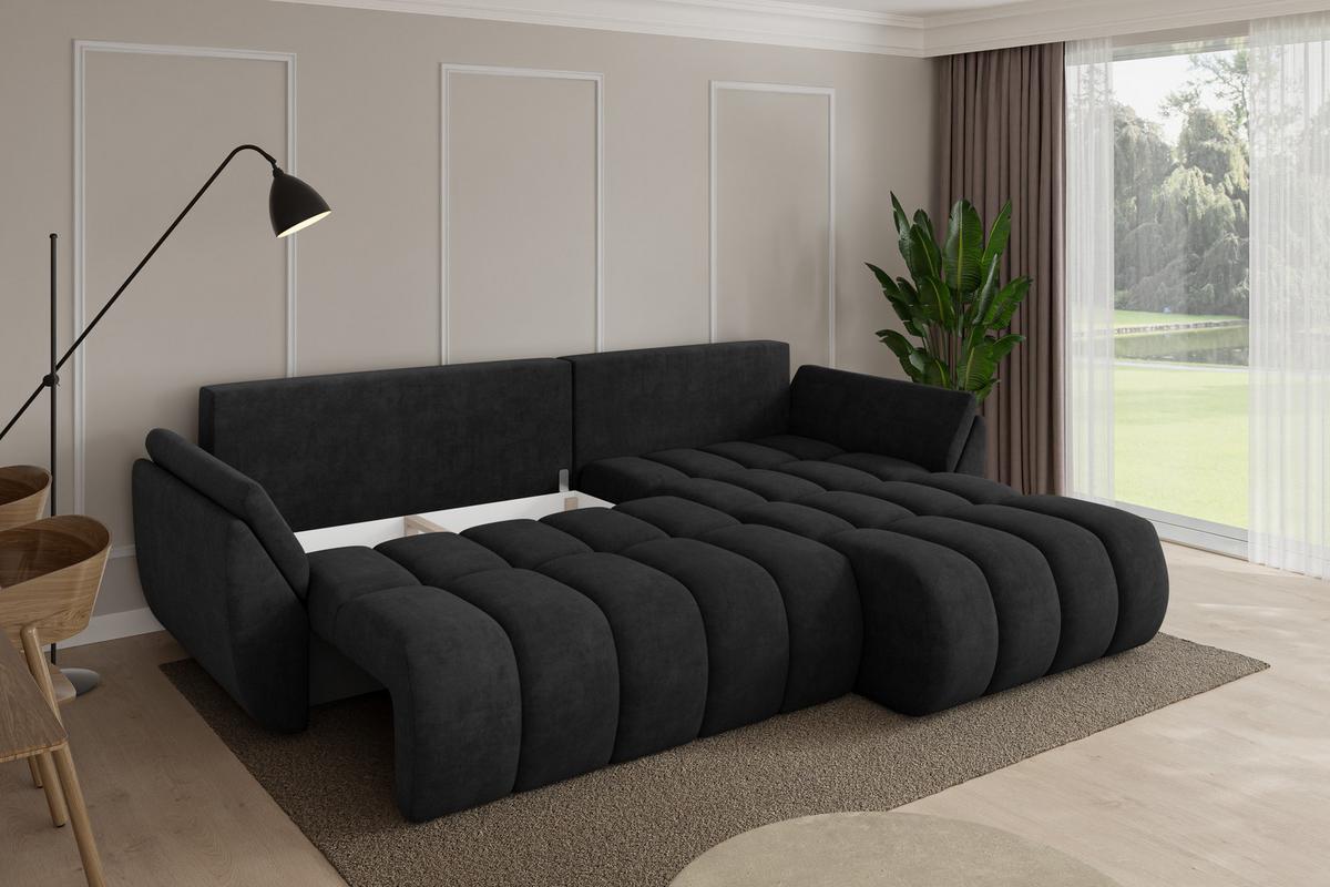 ECKSOFA mit Schlaffunktion Ottomane Rechts TOKO-L-v1 277x194x86 Schwarz Velours - Schwarz, Holzwerkstoff/Kunststoff (277/194cm) - ALTDECOR