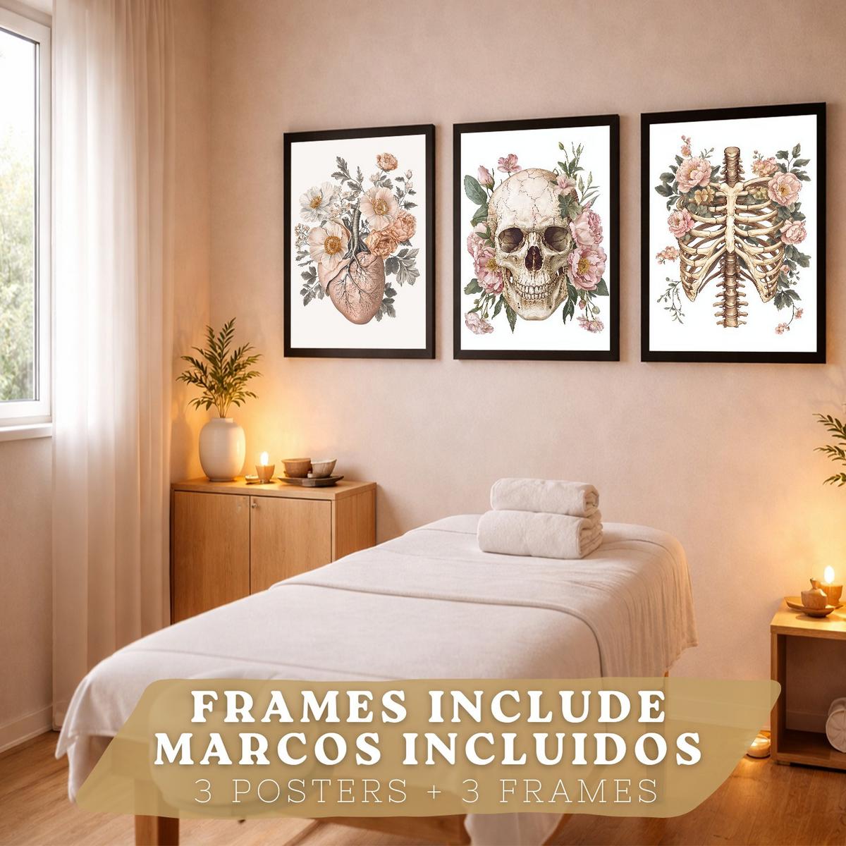 POSTER Set aus 3 Anatomie Mensch Florale Drucke und Wandbilder mit Herz Schädel und Brustkorb Weicher Vintage Stil Größe Schwarzer Rahmen A3 - Schwarz, Papier (29.7/42/3cm) - Nacnic