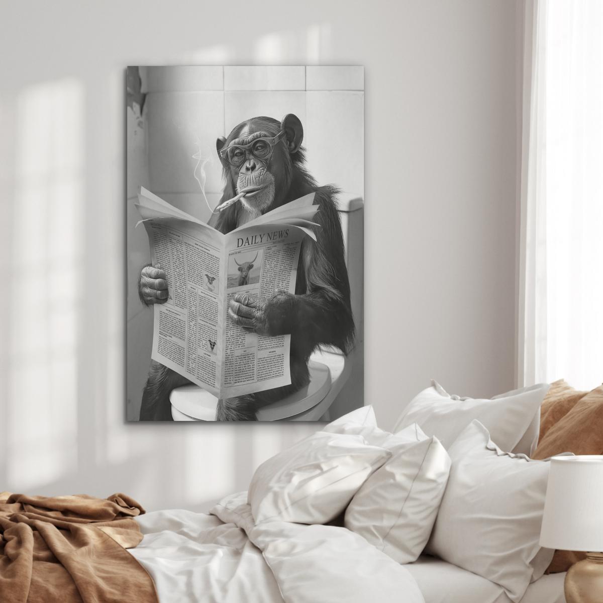 AKUSTIKBILD Affe - WC - Zeitung - Schwarz-Weiß - Humor Wanddeko 70x100 cm - Hellgrau, Kunststoff (70/100/0.9cm) - MuchoWow