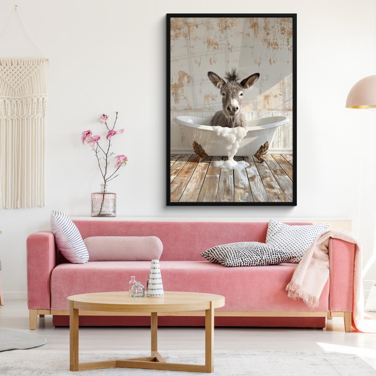 POSTER MIT RAHMEN Esel - Tiere - Badewanne - Schaumstoff Bilderleiste 80x120 cm - Weiß, Papier (80/120cm) - MuchoWow