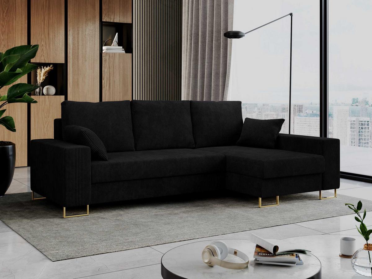 ECKSOFA Dorian Cord Schwarz - Goldfarben/Schwarz, Textil/Metall (242/138cm) - MKS
