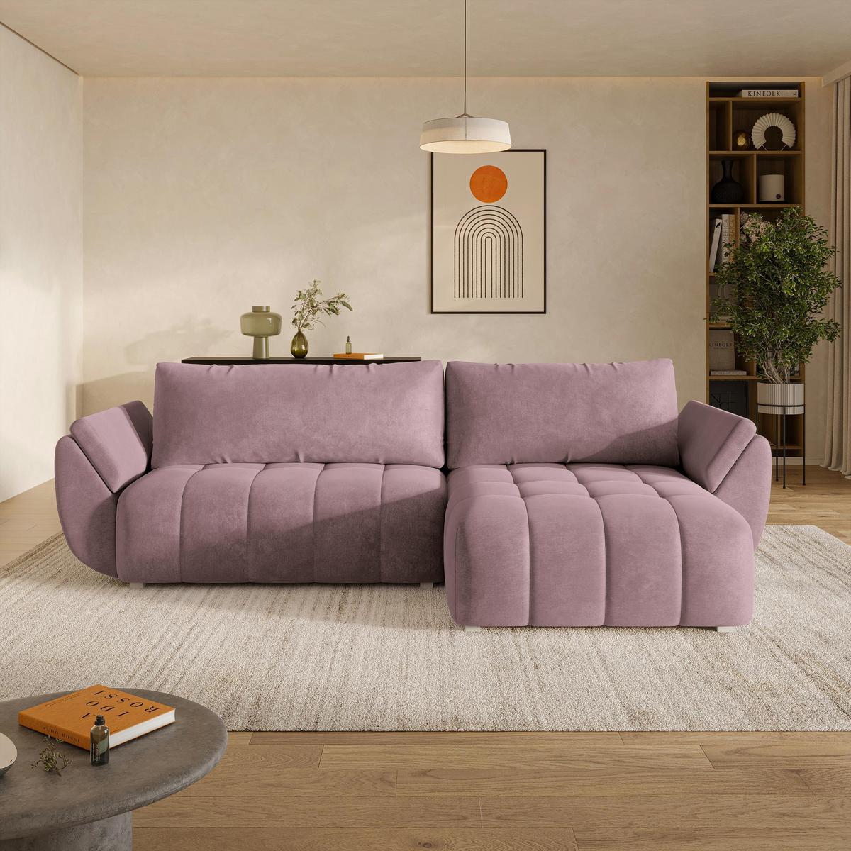 ECKSOFA OLSI Lila Velours-Stoff mit Schlaffunktion - Lila, Holz (285/148cm) - MASSENO
