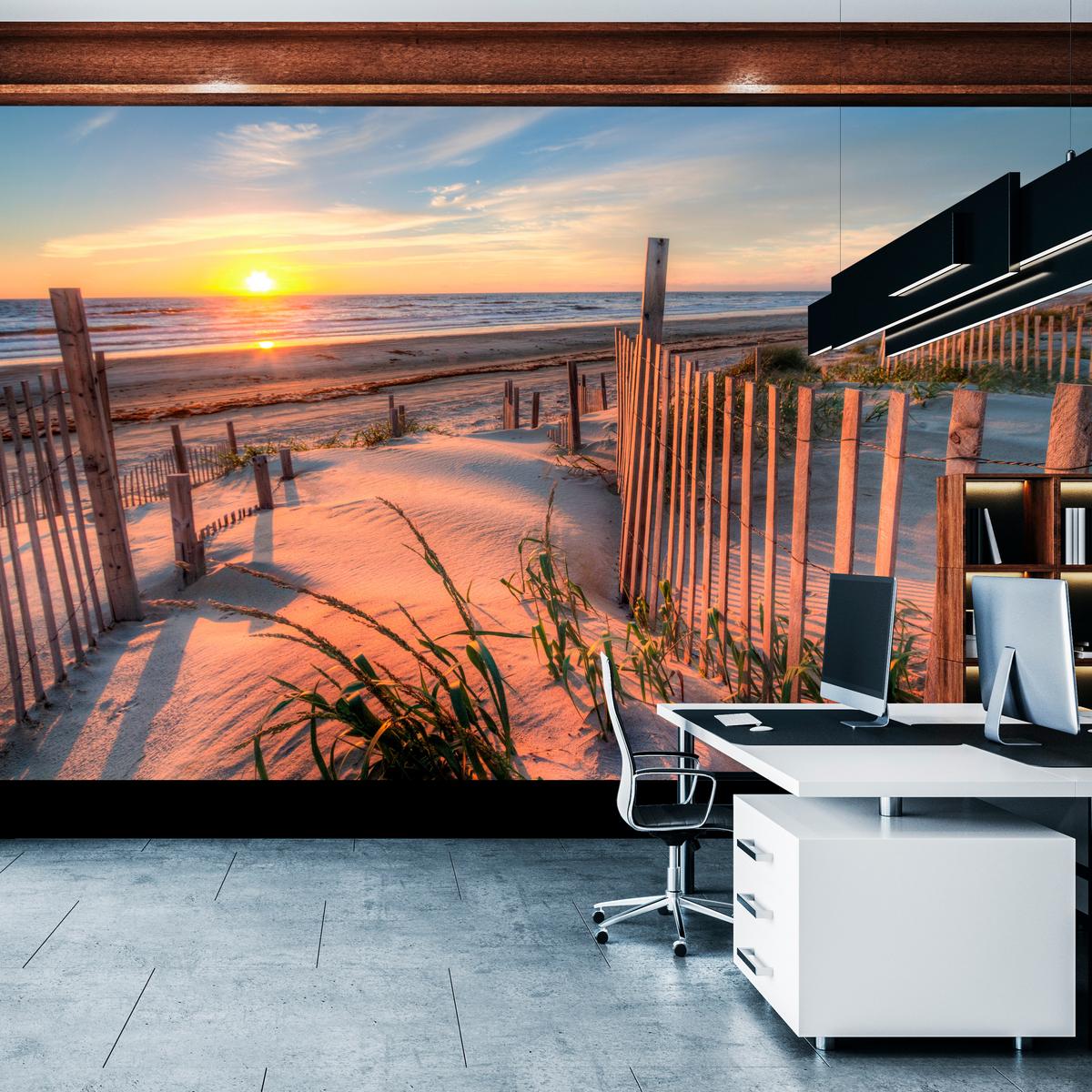 FOTOTAPETE für Wohnzimmer Sonnenaufgang Strand Meer Wellen Dünen 350x256 - Blau/Gelb, Papier (350/256cm) - Muralo