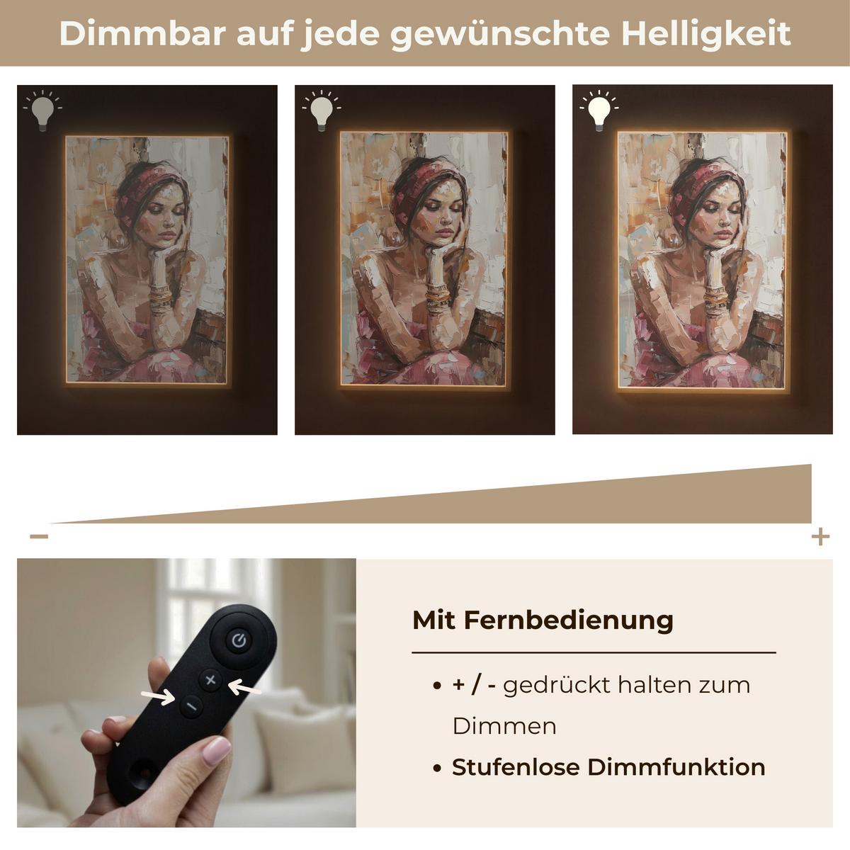 WANDLEUCHTE MIT AKKU Frau - Lackierung - Porträt - Modern 60x90 cm - Braun, Holzwerkstoff (60/90/8cm) - OnlyWow