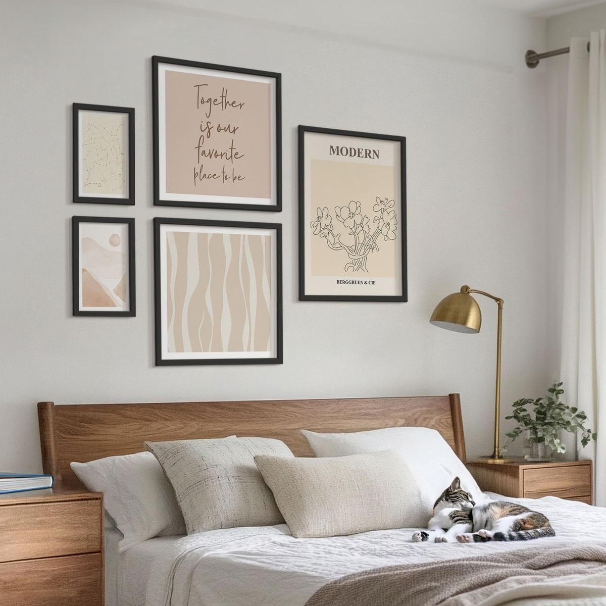 BILDER SET 5er Set - 50x50 cm & 20x30 cm & 40x60 cm Schwarzer Rahmen - Abstrakte Formen und Farben - Schwarz, Kunststoff (40/60cm) - TULUP