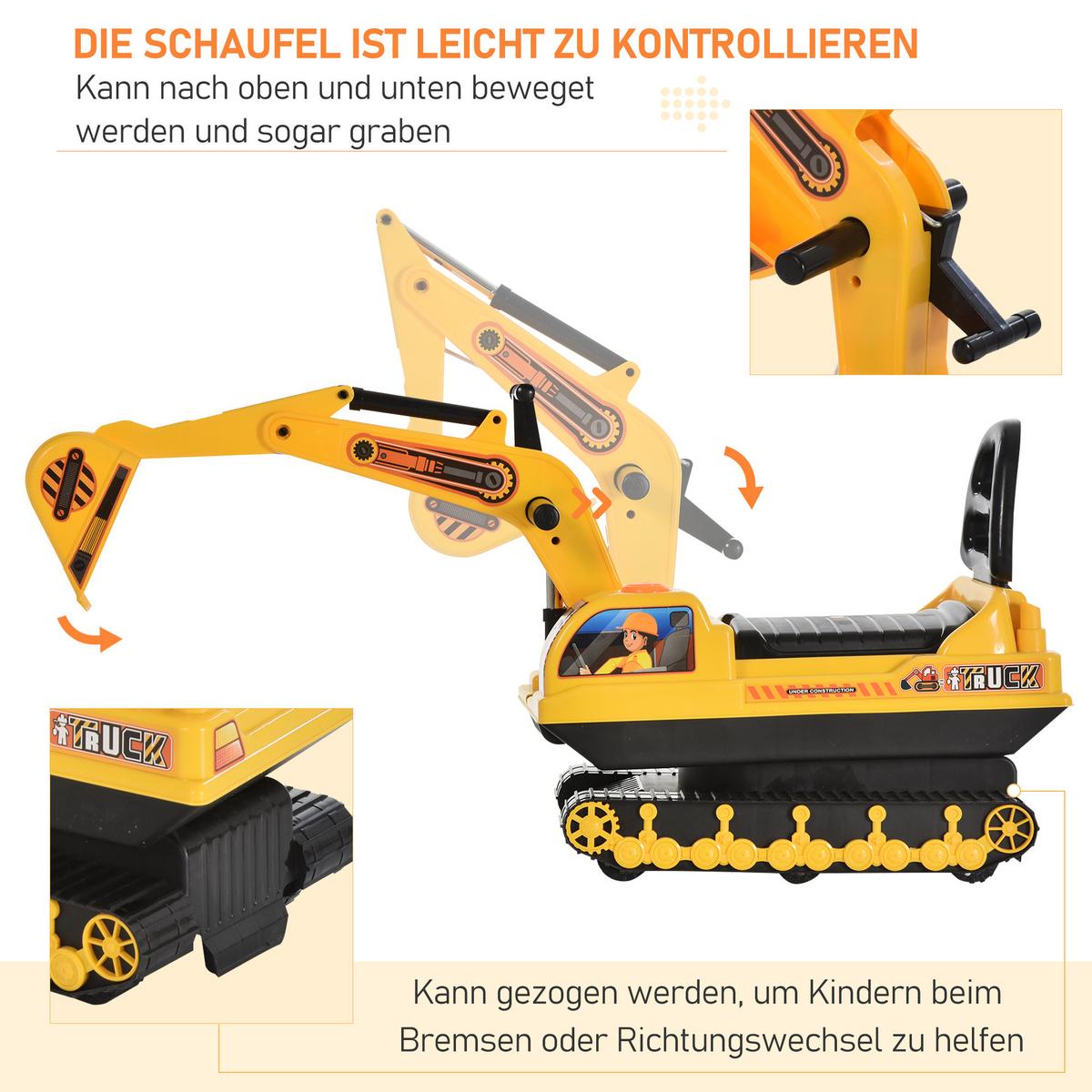 KINDER Sitzbagger Sandbagger für Kinder mit Schaufel, Hupe für 1,5-4 Jahre - Gelb, Kunststoff (78/24/58.5cm) - HOMCOM