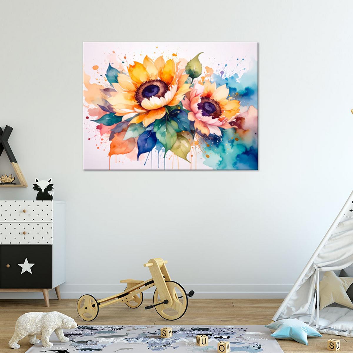 LEINWANDBILD Sonnenblumen Blumen Aquarell 90x60cm - Multicolor, Textil (90/60cm) - Feeby