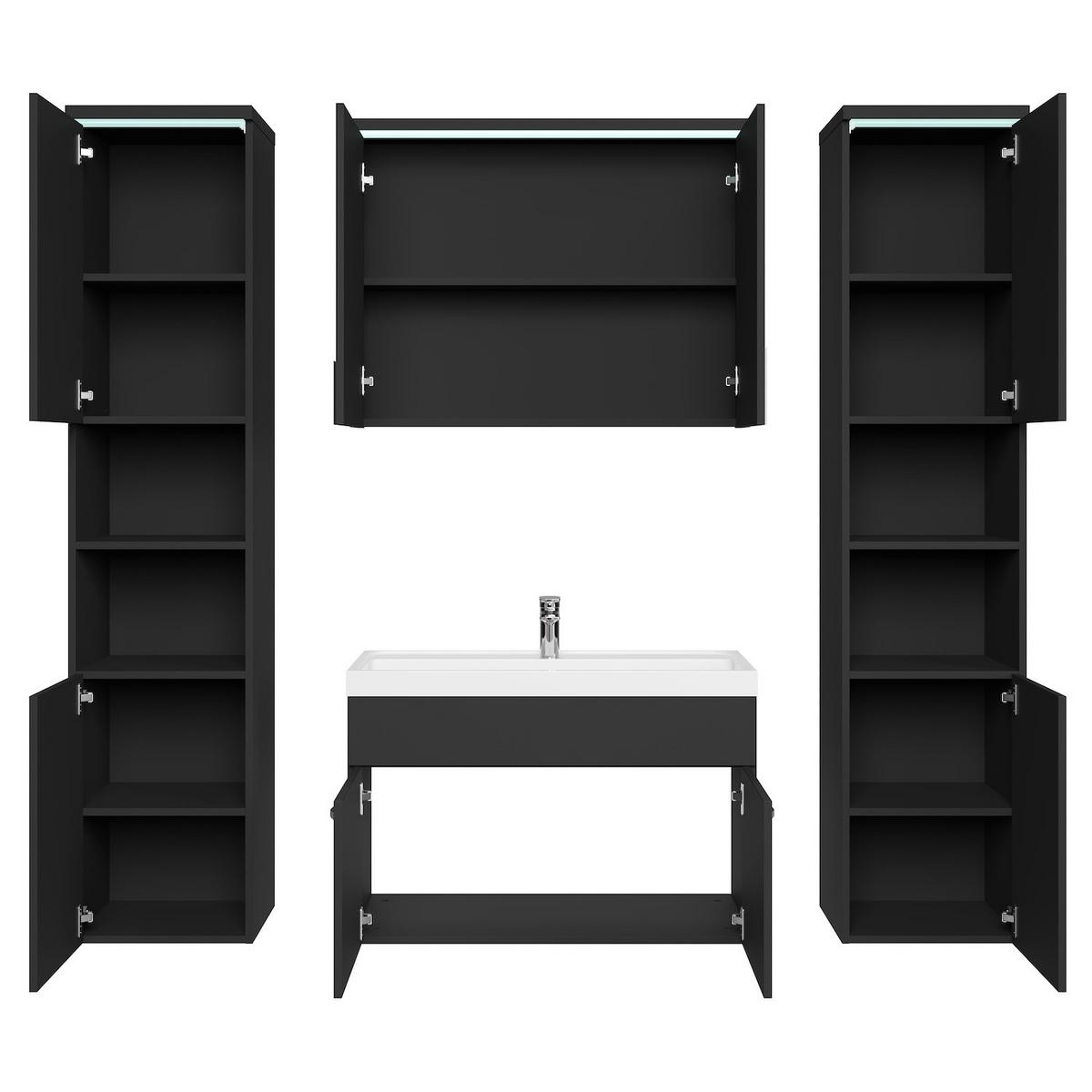 BADMÖBEL-SET Paso LED 5 Teile Schwarz Hochglanz - 80 x 35 x 55 cm - Schwarz, Holz (80/55/40cm) - Badplaats