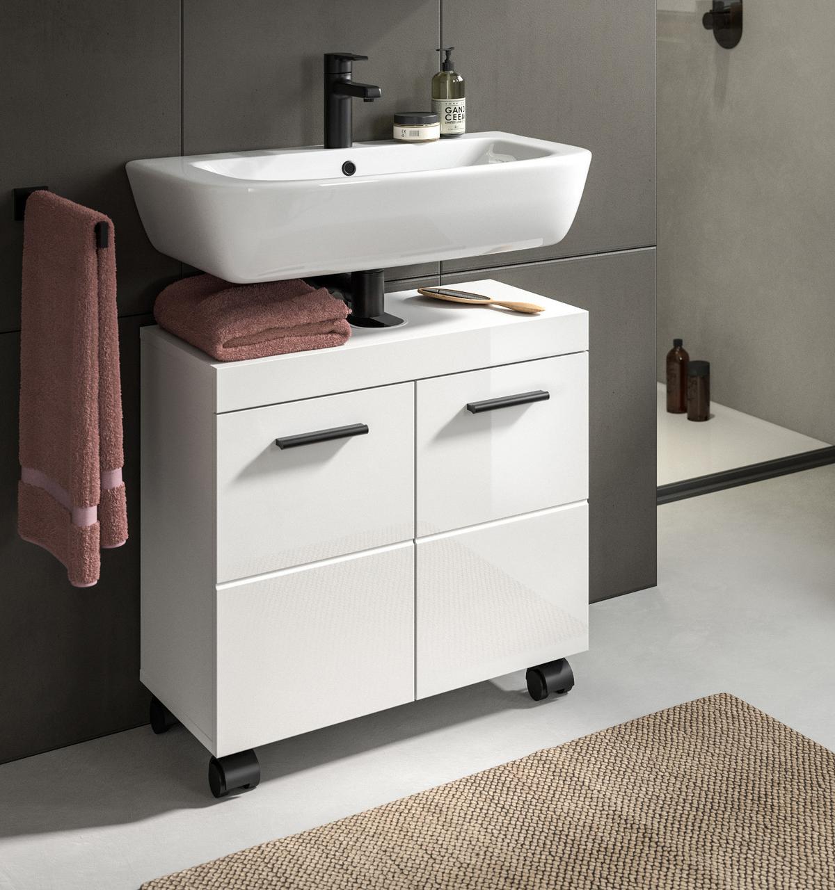 WASCHBECKENUNTERSCHRANK weiß Hochglanz 60 cm, Badezimmer Unterschrank auf Rollen - Weiß Hochglanz/Schwarz, Holzwerkstoff/Kunststoff (60/58/30cm) - Inn.Furn