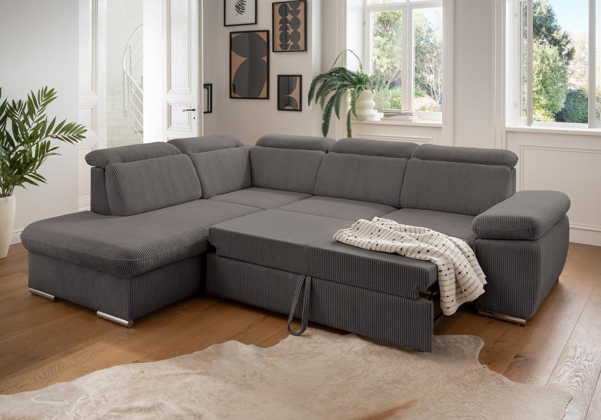 ECKSOFA mit Schlaffunktion, Bettkasten, Kopfstützen verstellbar, Wellenunterfederung, Ottomane links B283/T228/H102 cm, Cord Dunkelgrau / 17219 - Chromfarben/Dunkelgrau, Textil/Metall (283/228cm) - luma-home