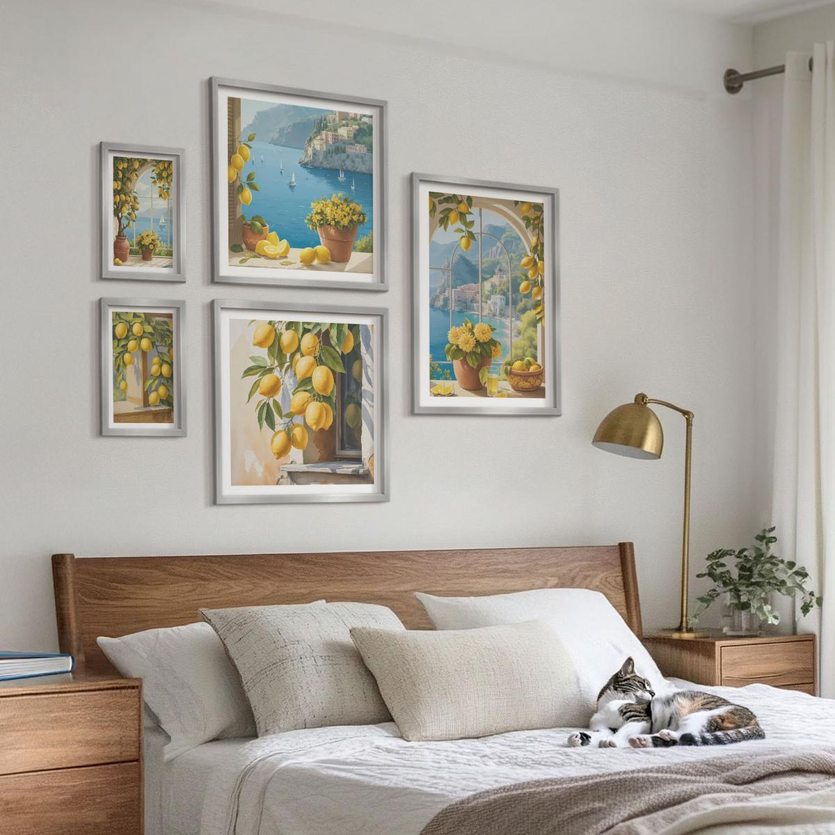 BILDER SET 5er Set - 50x50 cm & 20x30 cm & 40x60 cm Silberner Rahmen - Meerblick, italienische Zitronen - Silberfarben, Kunststoff (40/60cm) - TULUP