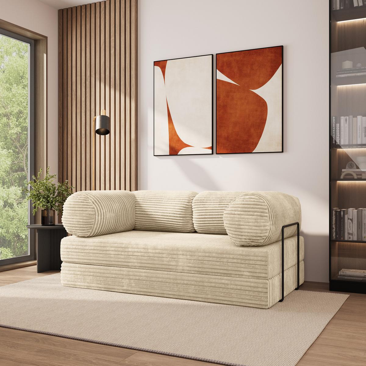 BETTSOFA ALVIO aus Schaumstoff Kordstoff Creme Schlaffunktion - Creme, Textil (170/68/80cm) - MASSENO