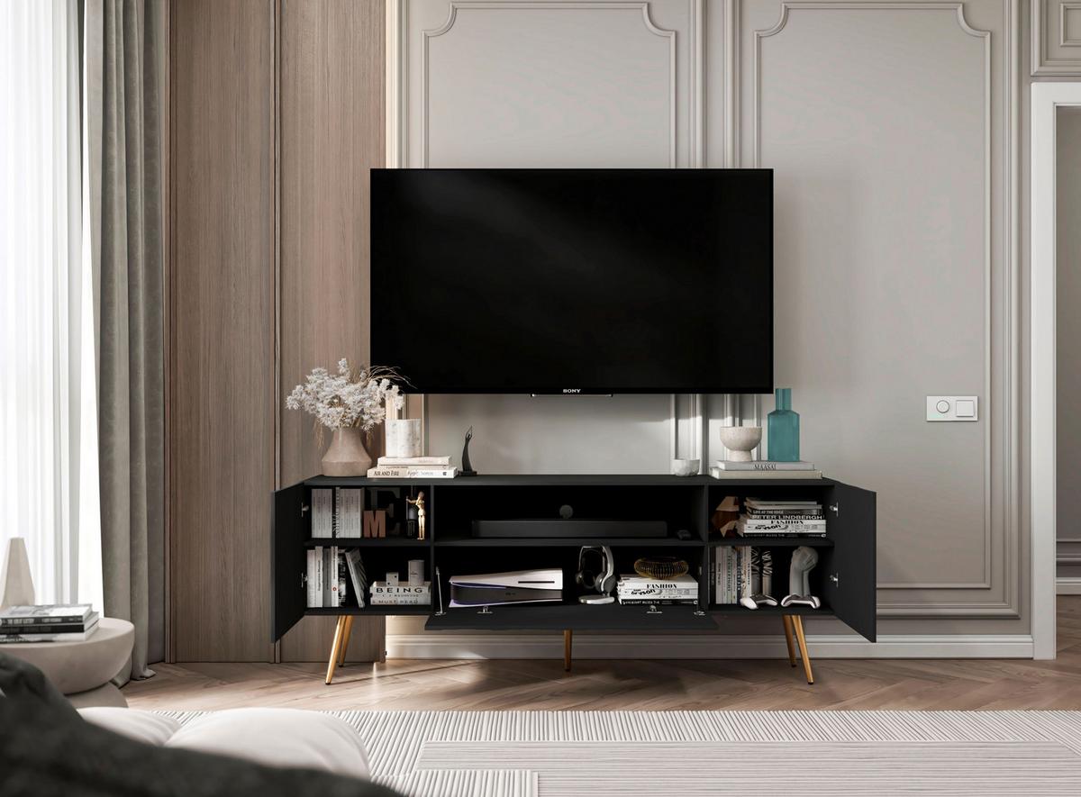 TV-SCHRANK Elpis2 Schwarz Matt mit goldenen Metallbeine Glamour 150 cm - Goldfarben/Schwarz, Holzwerkstoff/Metall (150/60.5/36.5cm) - Meble Lindner