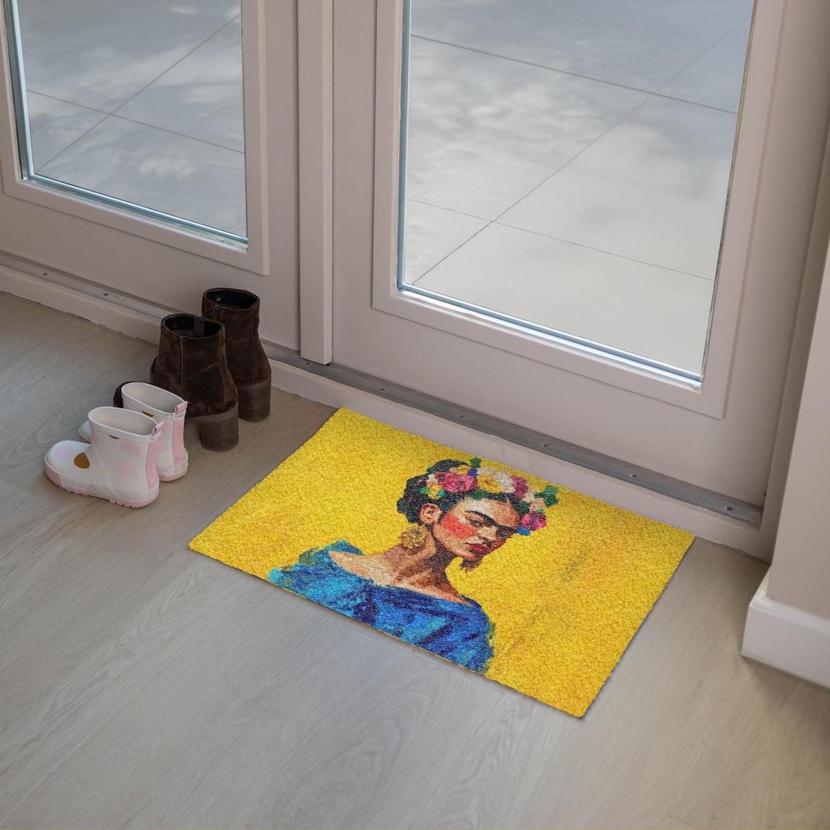 FUSSMATTE Frida Kahlo - Frau - Gelb - Blau - Blumen Schmutzfangmatte 60x40 cm - Gelb, Kunststoff (60/0.4cm) - MuchoWow