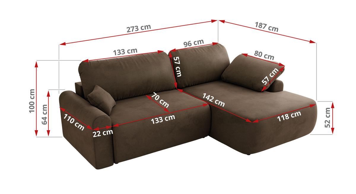 ECKSCHLAFSOFA CUBO L Braun Velvet - rechts - Schwarz/Braun, Kunststoff/Textil (187/273cm) - MKS
