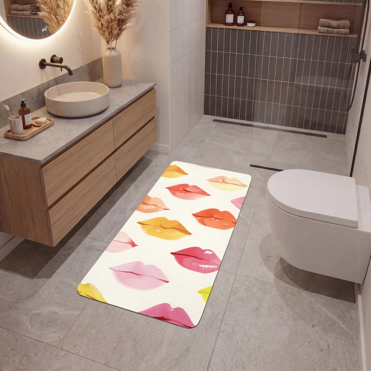 BADEMATTE Lippen - Bunt - Glänzend 60x120 cm - Rosa, Textil (60/120cm) - OnlyWow