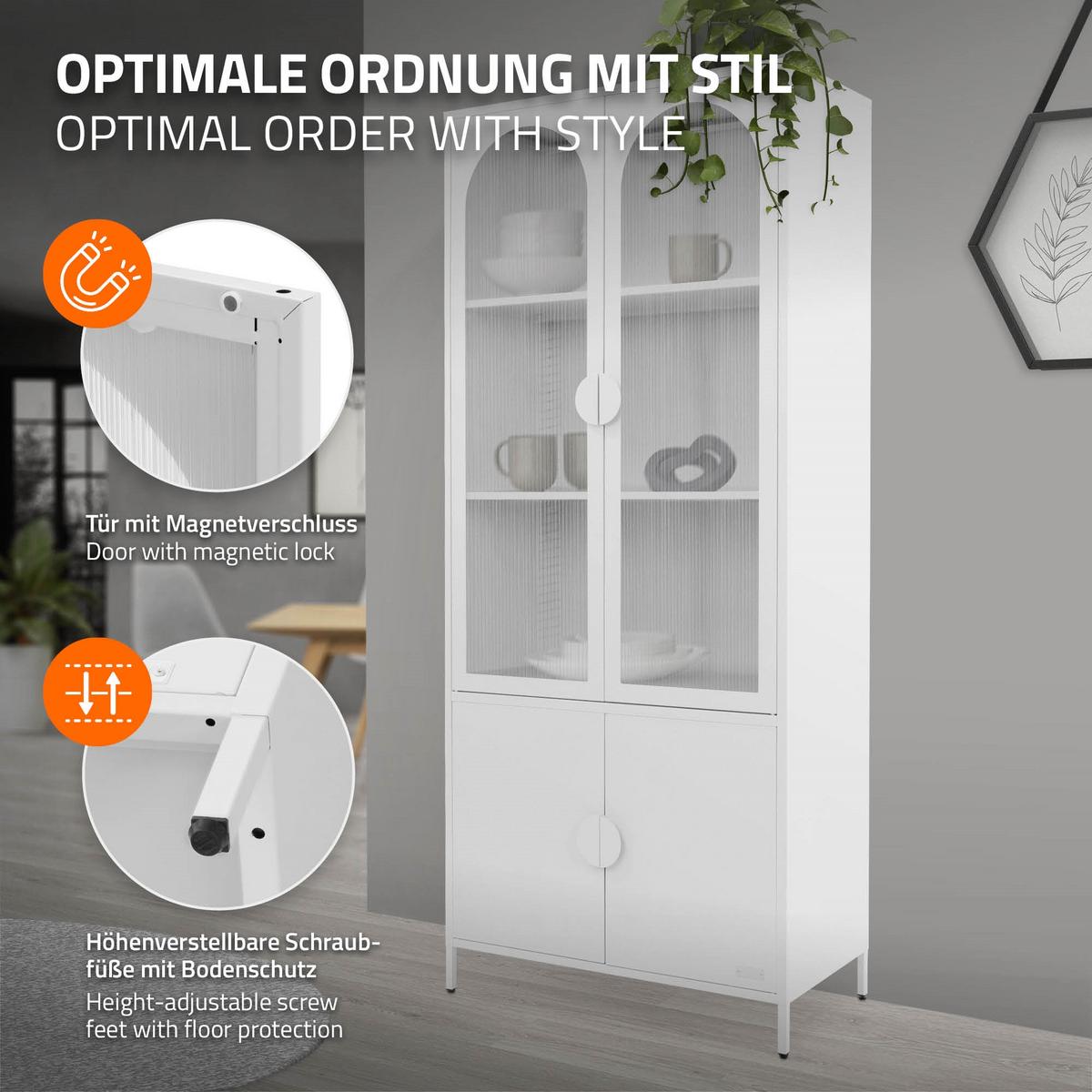 VITRINENSCHRANK 80x185x40 cm Weiß aus Stahl mit 4 Türen - Weiß, Metall (80/185/40cm) - ML-DESIGN