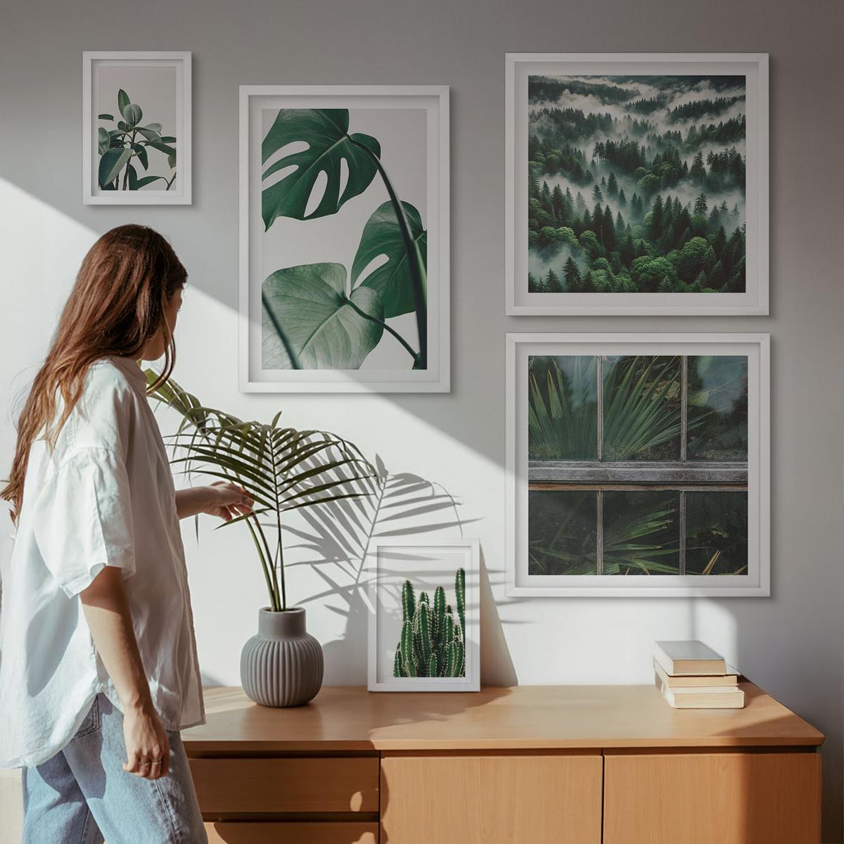 BILDER SET 5er Set - 50x50 cm & 20x30 cm & 40x60 cm Weißer Rahmen - Ästhetik tropischer Pflanzen - Weiß, Kunststoff (40/60cm) - TULUP
