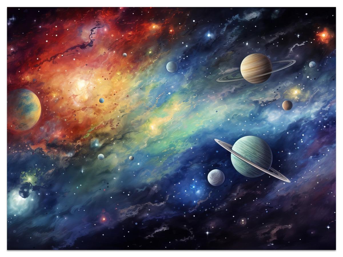 FOTOTAPETE für Jugendzimmer Aquarell Galaxie Planeten Sterne 350x256 - Blau/Gelb, Papier (350/256cm) - Muralo