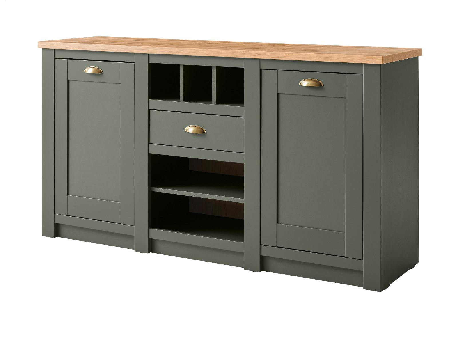SIDEBOARD grün, Wotan Eiche Landhaus, Kommode mit Weinregal - Dunkelgrün/Messingfarben, Holzwerkstoff/Metall (145/83/41cm) - Furn.Design