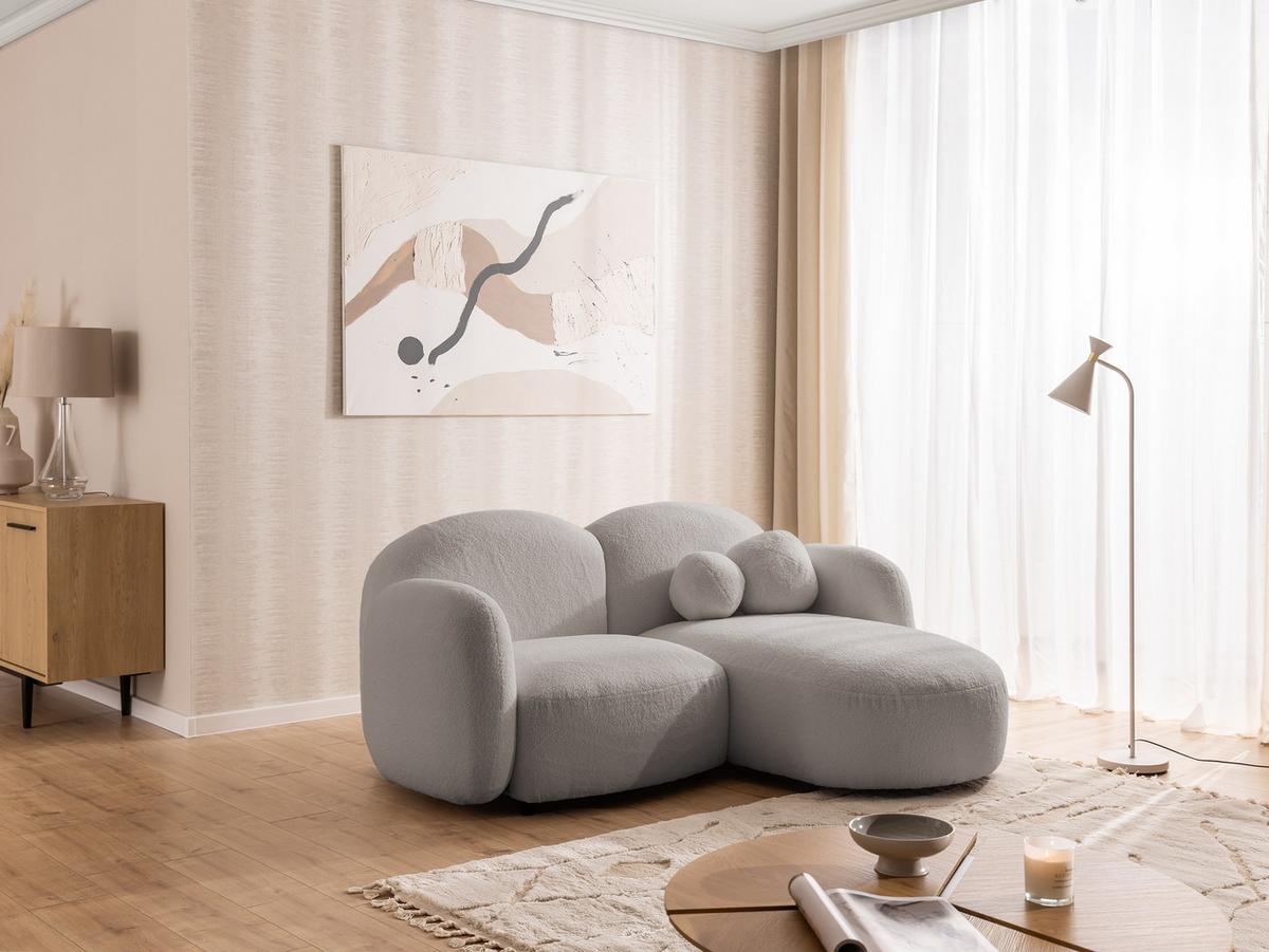 ECKSOFA Nuvola mit abgerundetem Design Hellgrau Bouclé-Stoff - Ottomane Rechts - Hellgrau/Schwarz, Holz/Kunststoff (190/146cm) - S-Style