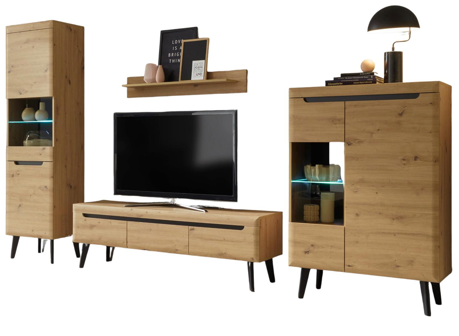 WOHNWAND 4-teilig Set Eiche Artisan, schwarz 343 x 197 cm, Wohnkombination skandinavisch - Eichefarben, Glas/Holz (343/197/40cm) - Furn.Design