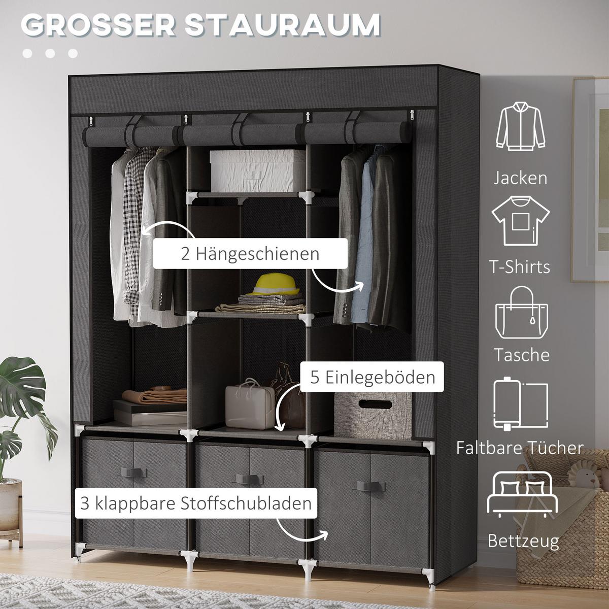 STOFFSCHRANK, Kleiderschrank, Faltschrank mit Reißverschluss, Faltbare Garderobe - Dunkelgrau, Kunststoff/Textil (43/162.5/125cm) - HOMCOM