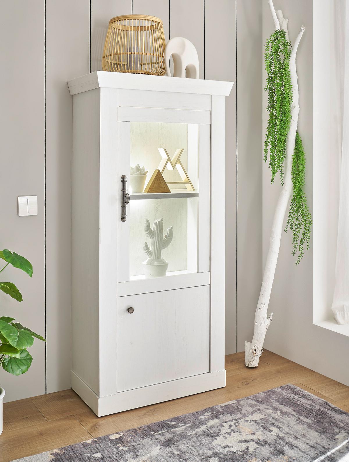VITRINE weiß Pinie Landhaus, Vitrinenschrank mit Soft-Close und Beleuchtung - Weiß, Holzwerkstoff/Kunststoff (72/146/38cm) - Furn.Design