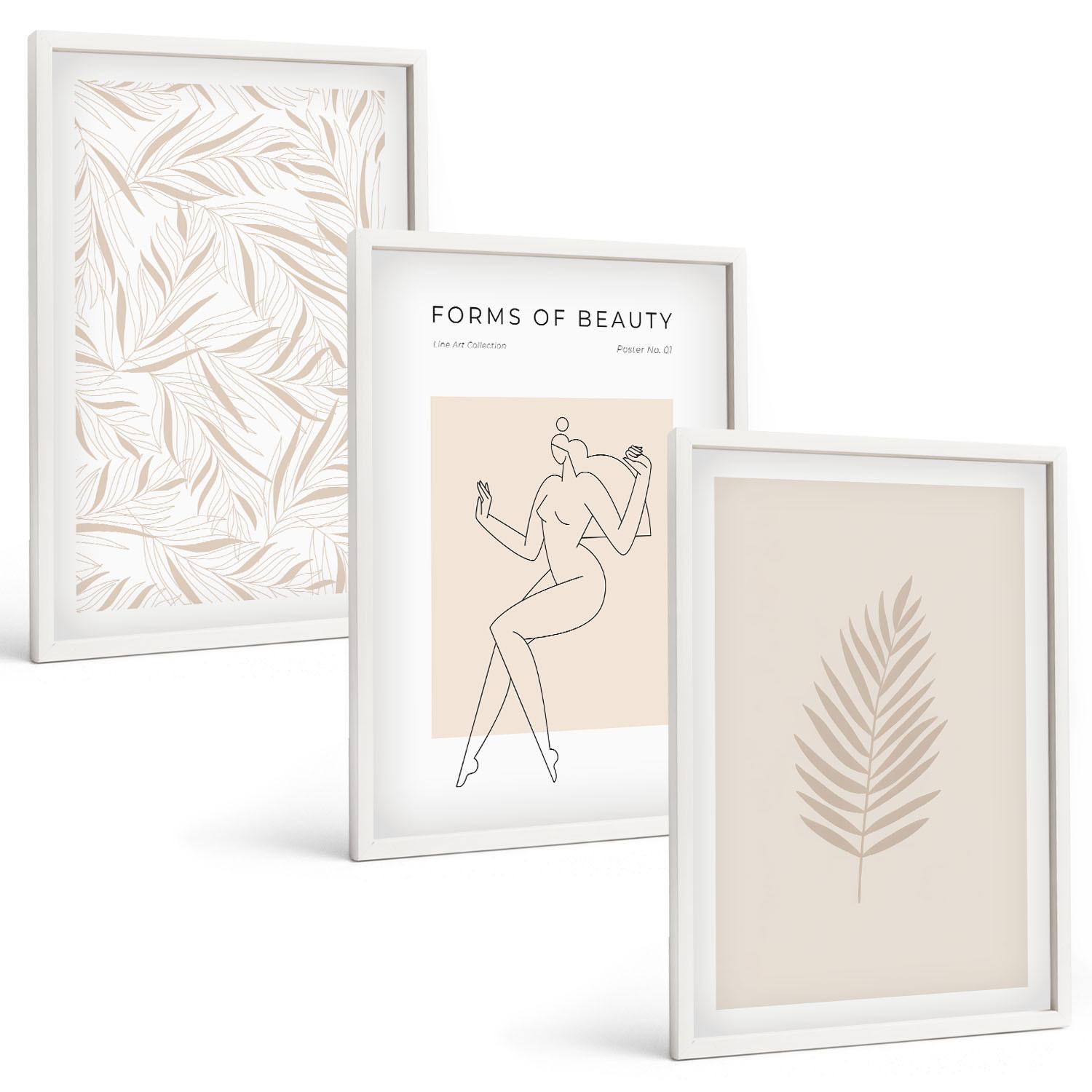 BILDER SET 3er Set - 40x60 cm Weißer Rahmen - Minimalistische botanische Motive - Weiß, Kunststoff (40/60cm) - TULUP