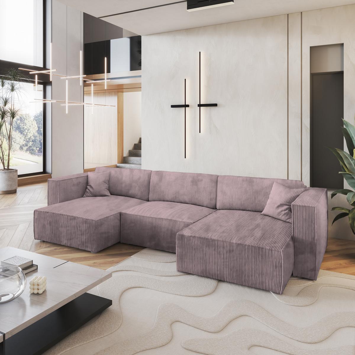 WOHNLANDSCHAFT SARMO P Lila Kordstoff mit Schlaffunktion - Lila/Grau, Holz/Kunststoff (347/70/148cm) - MASSENO