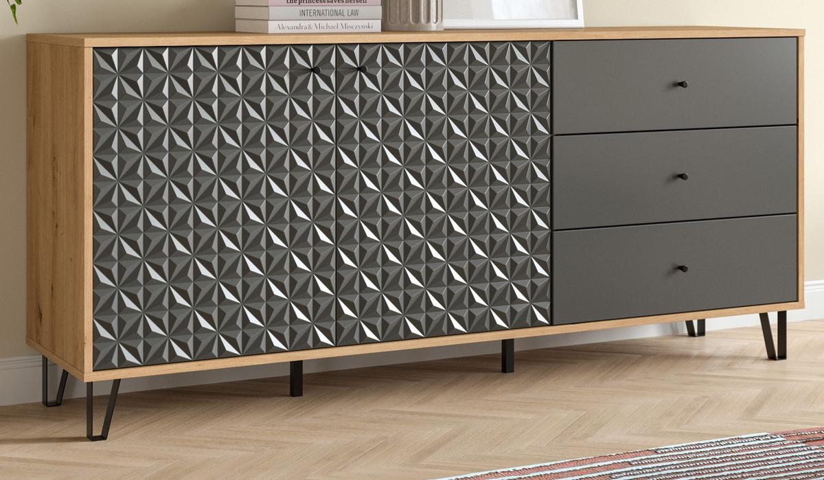 SIDEBOARD grau, Eiche Artisan 169 x 76 cm, Kommode mit 3D-Struktur - Schwarz/Eiche Artisan, Holzwerkstoff/Kunststoff (169/76/40cm) - Inn.Furn