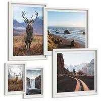 BILDER SET 5er Set - 50x50 cm & 20x30 cm & 40x60 cm Weißer Rahmen - Berglandschaften, Wasserfälle, Hirsche, Strände - Weiß, Kunststoff (40/60cm) - TULUP