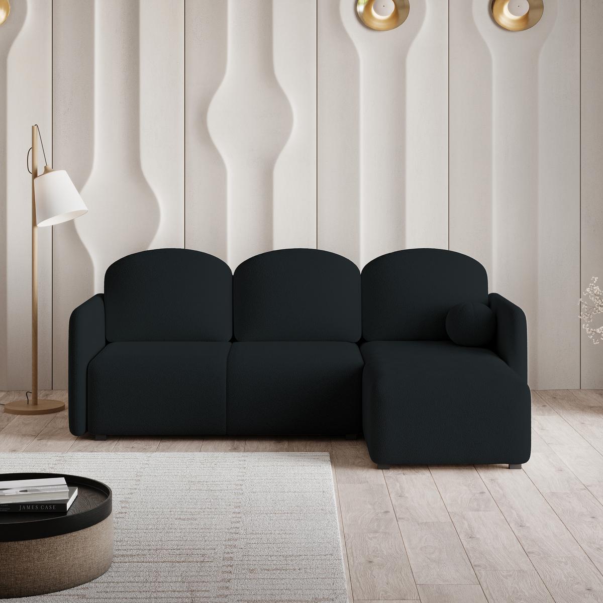ECKSOFA SUVINO Schwarz Boucle-Stoff mit Schlaffunktion - Schwarz, Holz (230/143cm) - MASSENO