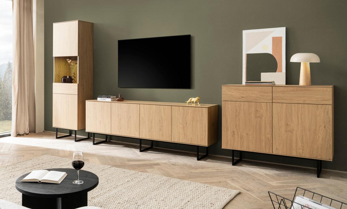WOHNWAND Stone Eiche, Wohnkombination 3-teilig 400 cm, mit Push-to-Open - Eichefarben/Schwarz, Holzwerkstoff/Metall (400/200/40cm) - Furn.Design