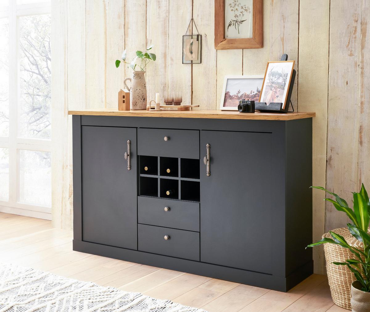 SIDEBOARD Grau, Eiche Wotan, Landhaus Kommode 169 x 104 cm mit Soft-Close - Silberfarben/Eiche Wotan, Holzwerkstoff/Kunststoff (169/104/45cm) - Furn.Design