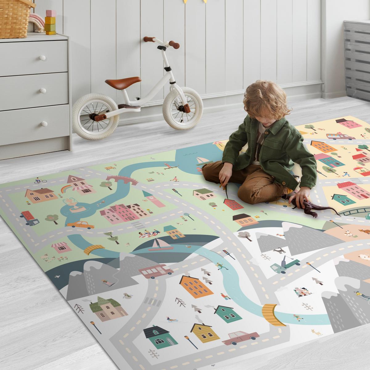 KINDERTEPPICH Jahreszeiten - Stadt - Häuser - Straße - Kinder - Auto Spielteppich 180x120 cm - Multicolor, Kunststoff (180/0.3cm) - OnlyWow