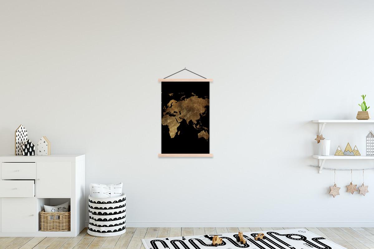 POSTER MIT MAGNETLEISTEN Weltkarte - Gold - Luxus - Erde - Schwarz Wandbild Schlafzimmer 60x90 cm - Goldfarben, Textil (60/90/0.15cm) - MuchoWow