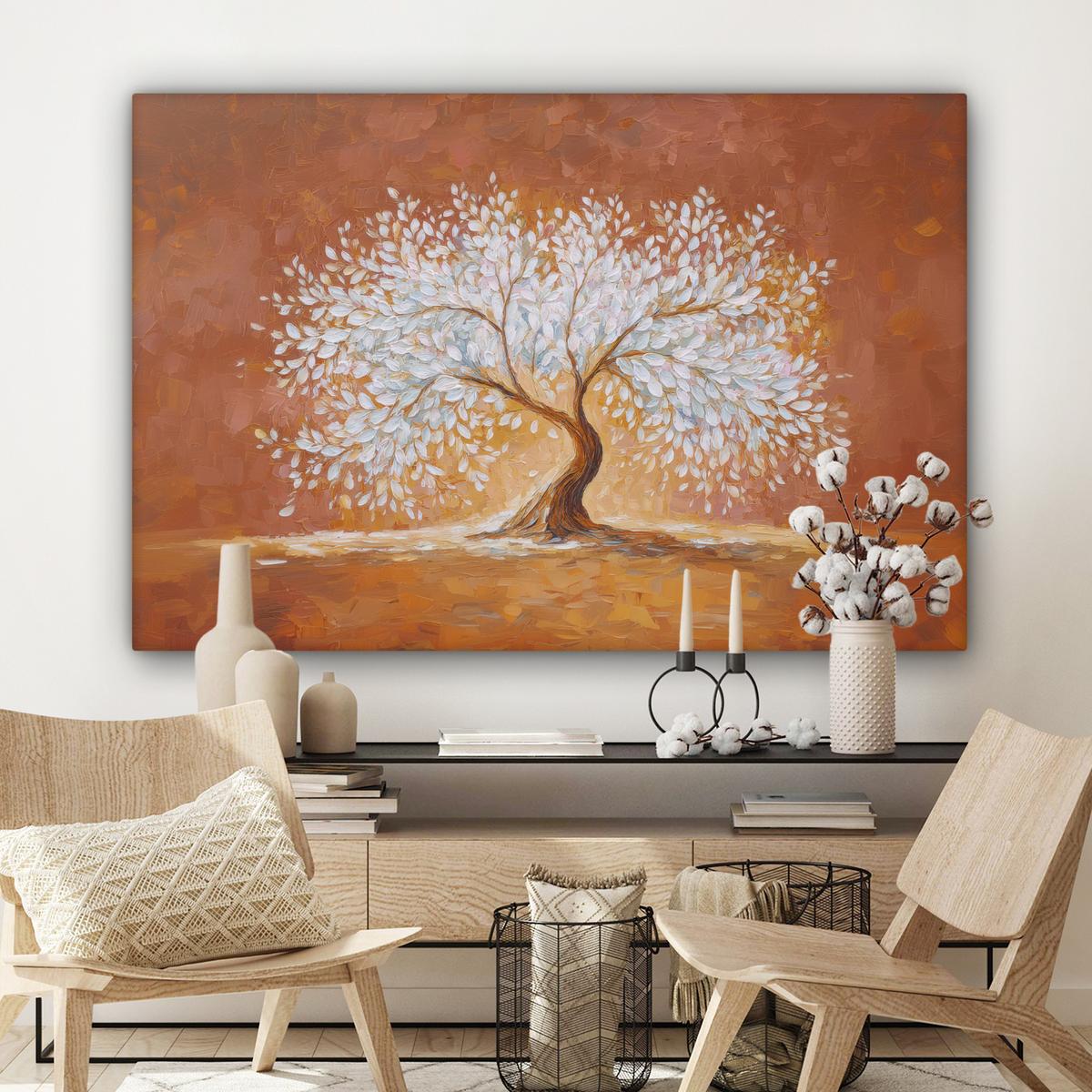 LEINWANDBILD Abstrakt - Baum - Weiß - Blätter Wohnzimmer Groß 120x80 cm - Braun, Textil (120/80cm) - MuchoWow