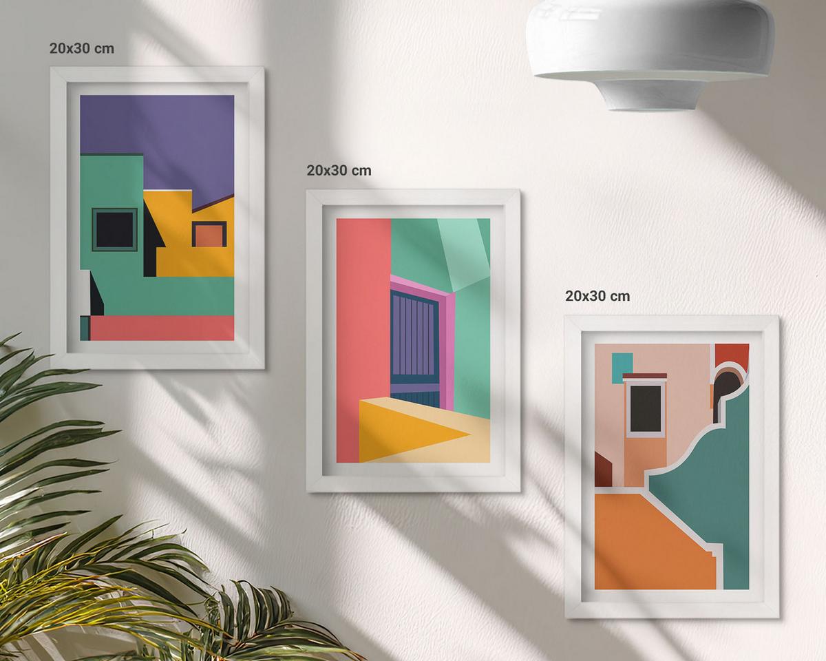 BILDER SET 3er Set - 20x30 cm Weißer Rahmen - Farbenfrohe Illustrationen der Stadt - Weiß, Kunststoff (20/30cm) - TULUP