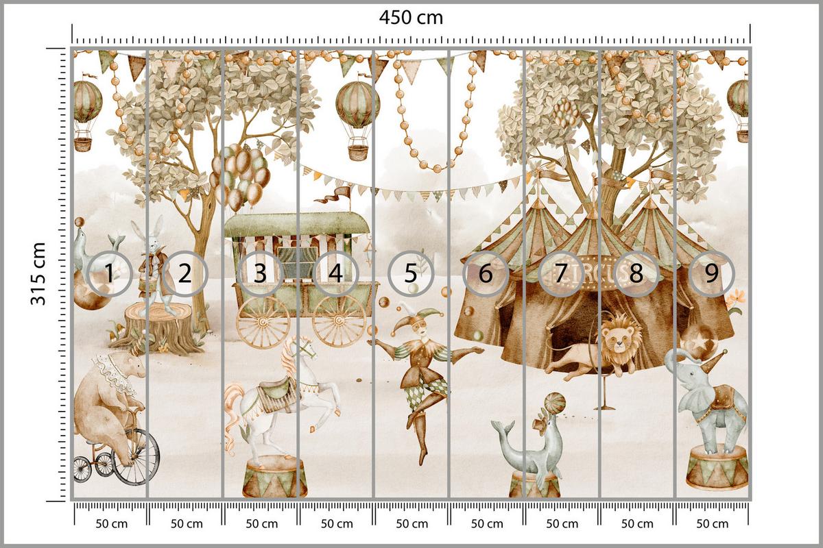 FOTOTAPETE für Kinderzimmer Zirkus Zelt Tiere Ballons Aquarell Bäume 450x315 - Ecru/Beige, Papier (450/315cm) - Muralo