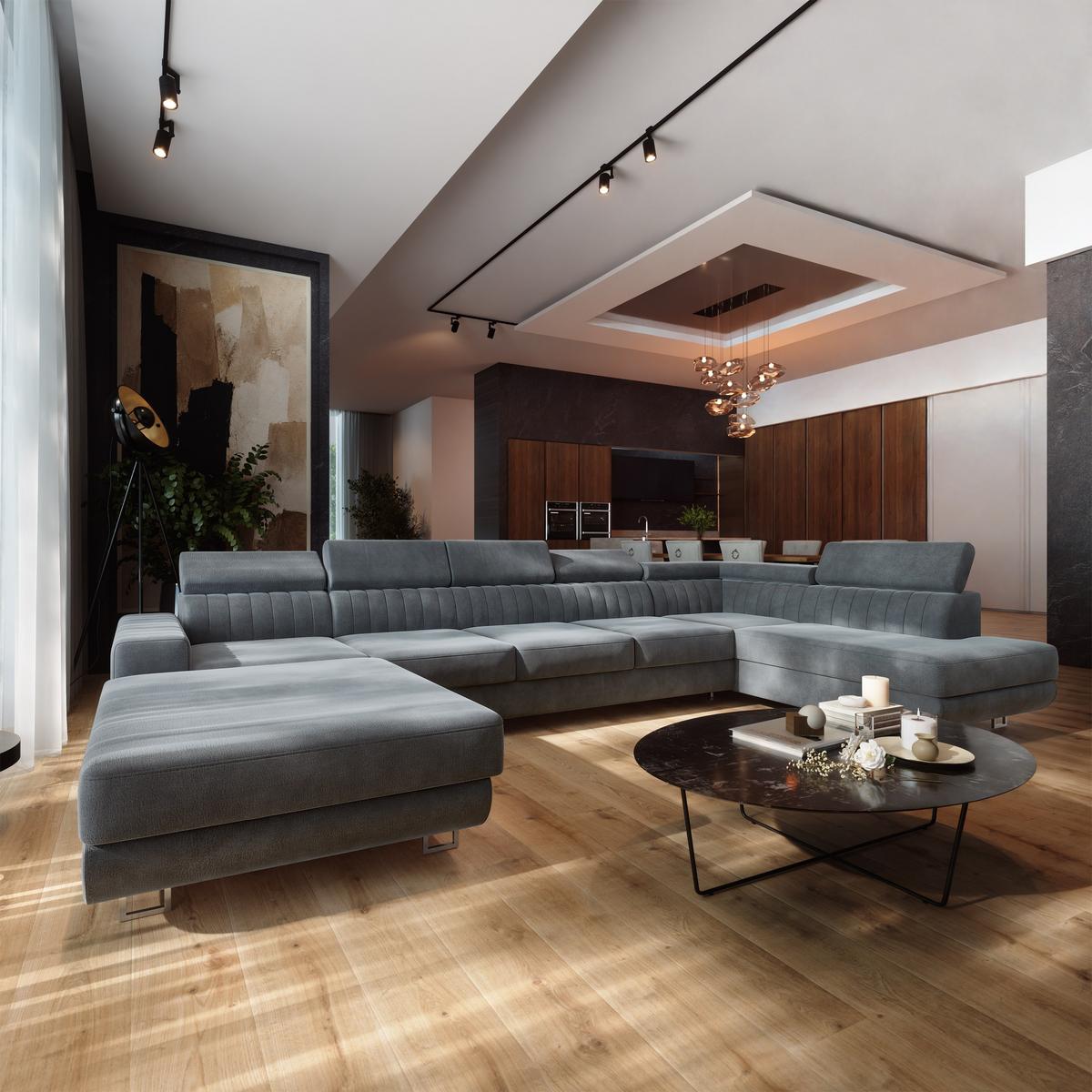 WOHNLANDSCHAFT GAIAN Grau Velours-Stoff mit Schlaffunktion - Grau, Holz (412/88/190cm) - MASSENO