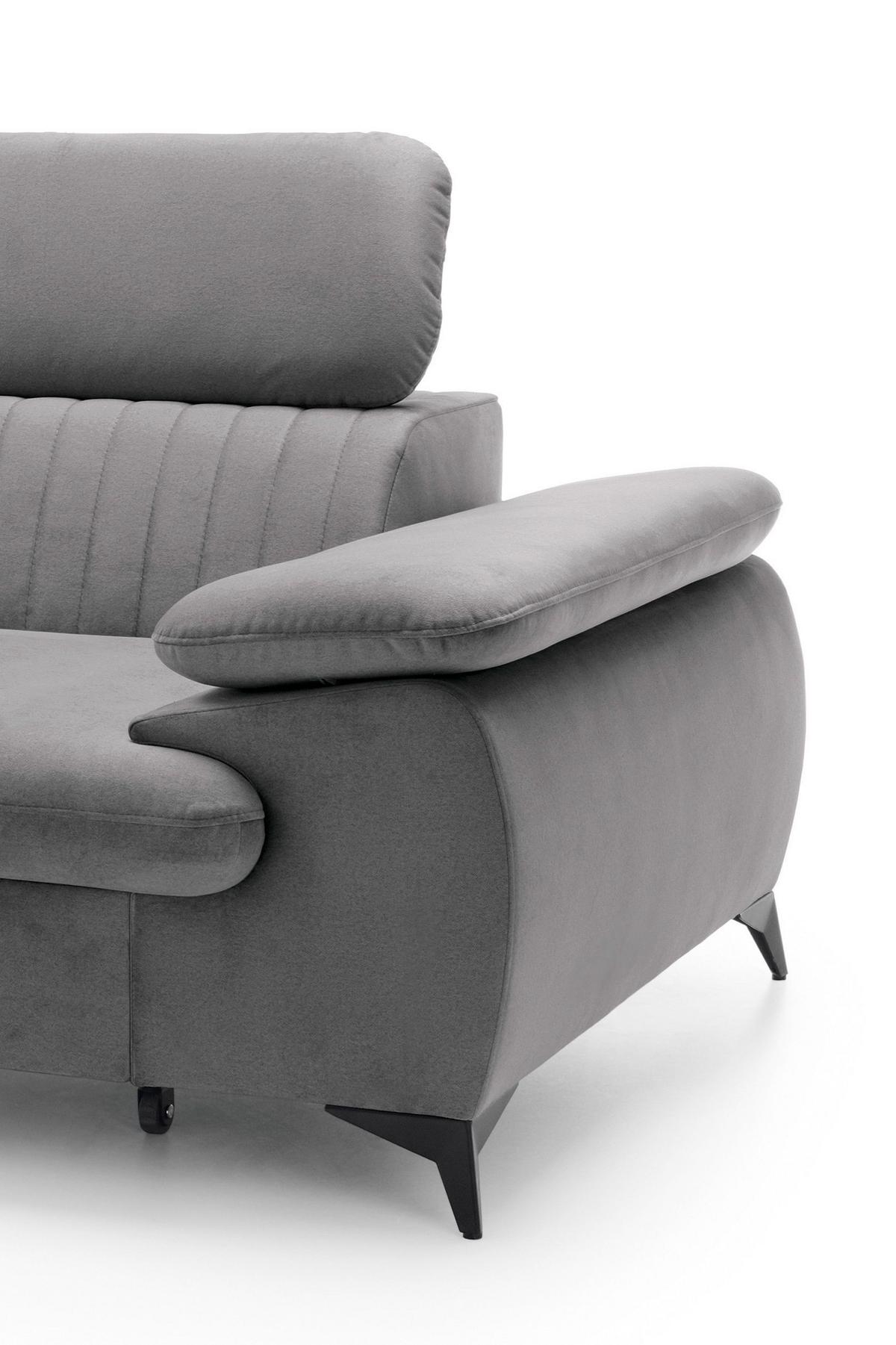 ECKSOFA FIORE Grau Velours-Stoff mit Schlaffunktion - Grau, Holz (280/193cm) - MASSENO