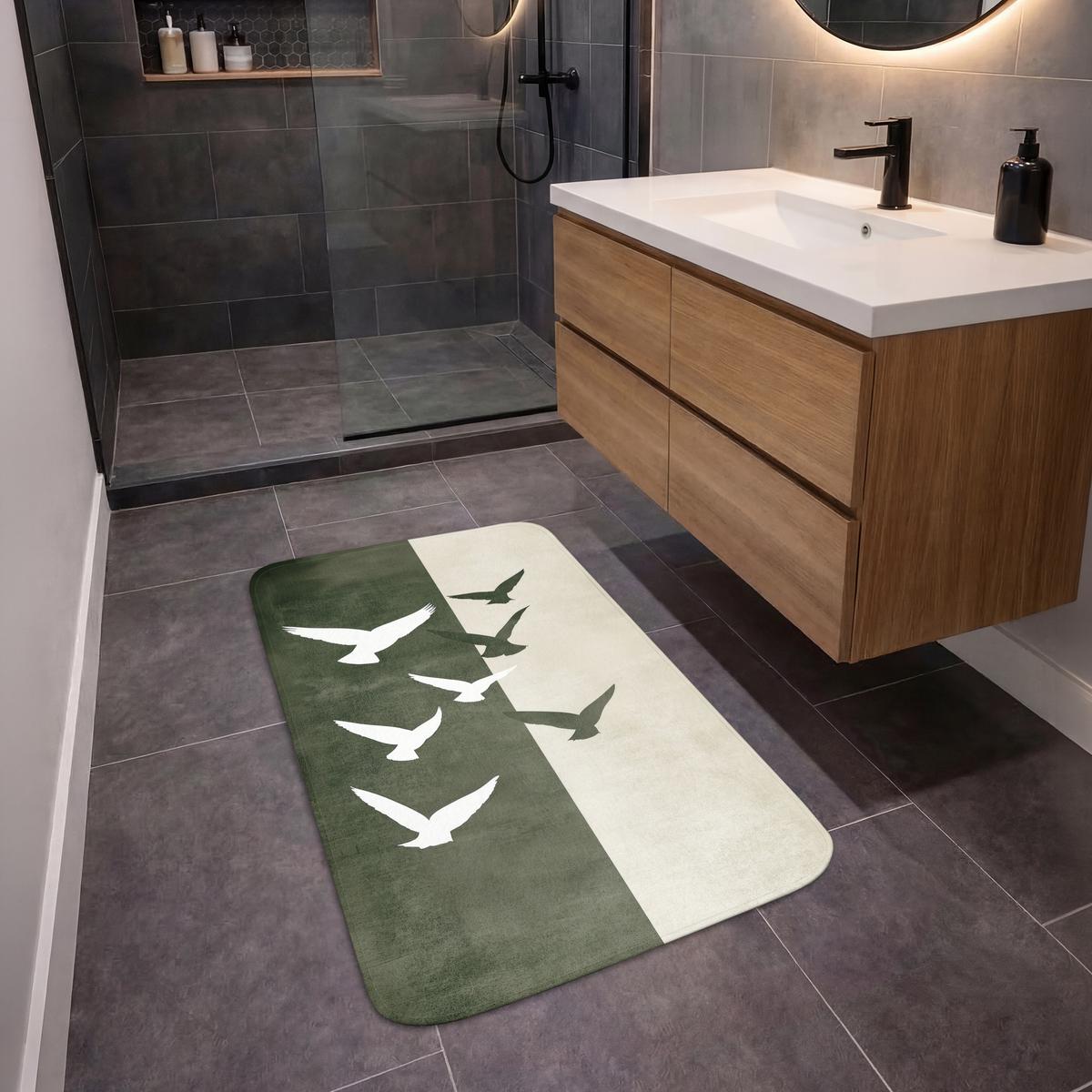 BADEMATTE Japandi - Vogel - Grün 60x90 cm - Olivgrün, Textil (60/90cm) - OnlyWow