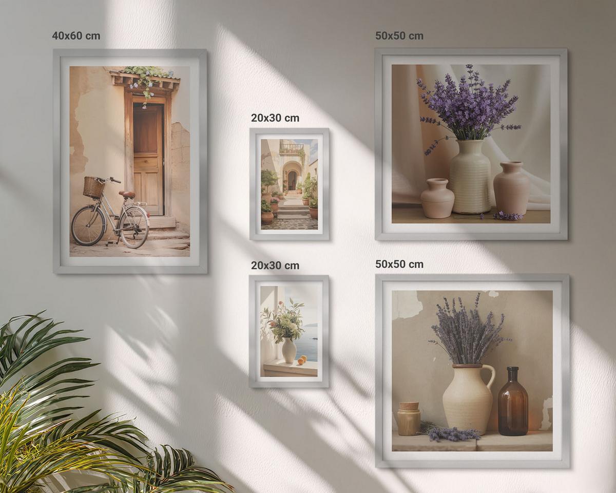 BILDER SET 5er Set - 50x50 cm & 20x30 cm & 40x60 cm Silberner Rahmen - Friedliche Zen-Blumen-Buddha-Komposition - Silberfarben, Kunststoff (40/60cm) - TULUP