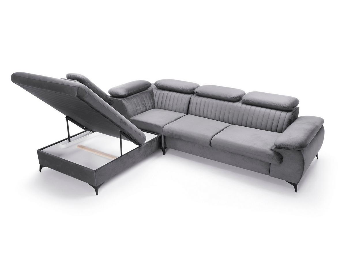 ECKSOFA FIORE Grau Velours-Stoff mit Schlaffunktion - Grau, Holz (275/221cm) - MASSENO