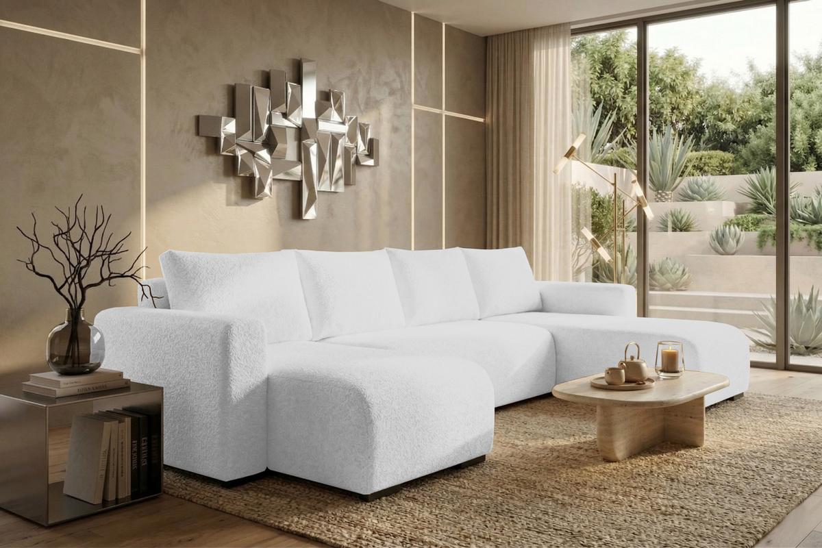 WOHNLANDSCHAFT DORA U mit Bettkasten und Schlaffunktion, U-Form, bequem - Weiß, Textil (305/85/140cm) - Storez24